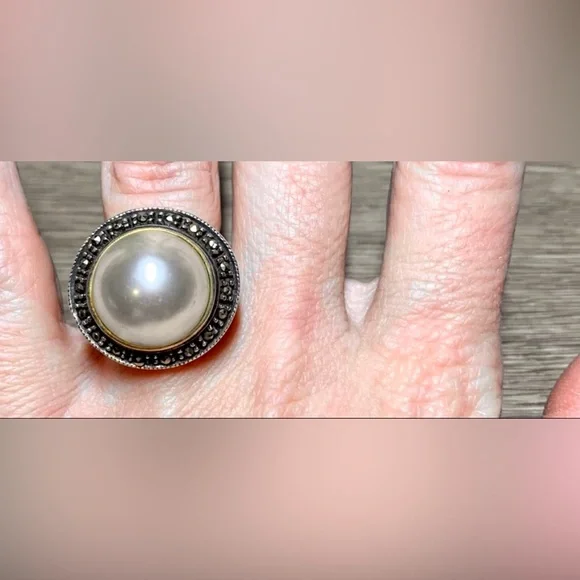 Vintage Handmade Sterling Silver Marcasite & Pearl Cocktail Ring, Size 6.5